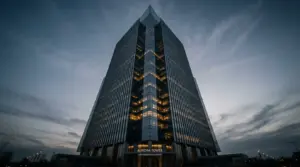 Modern corporate headquarters building at dusk symbolizing EA's $55 billion acquisition