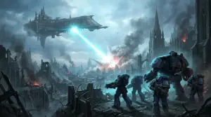 Space Marines advance through a ruined city beneath an orbital bombardment in Total War: Warhammer 40,000