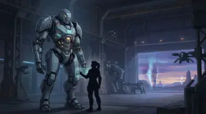 Młoda pilotka stoi przy ogromnym mechu Valkyria w futurystycznym hangarze