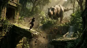Lara Croft escapes a T-Rex through the jungle ruins in Tomb Raider: Legacy of Atlantis