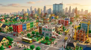 Brick-built LEGO city with minifigure residents, public services, parks and construction cranes
