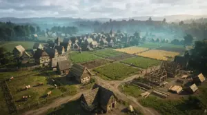 Medieval Manor Lords settlement with cattle pastures and cultivated fields