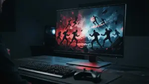Gaming PC displaying a dramatic superhero fighting match before a major performance update