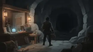 Moonlighter 2 hero beside a shop counter in a mysterious underground vault