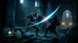 Armored warrior parrying a shadowy enemy with glowing cyan energy in a dark stone dungeon
