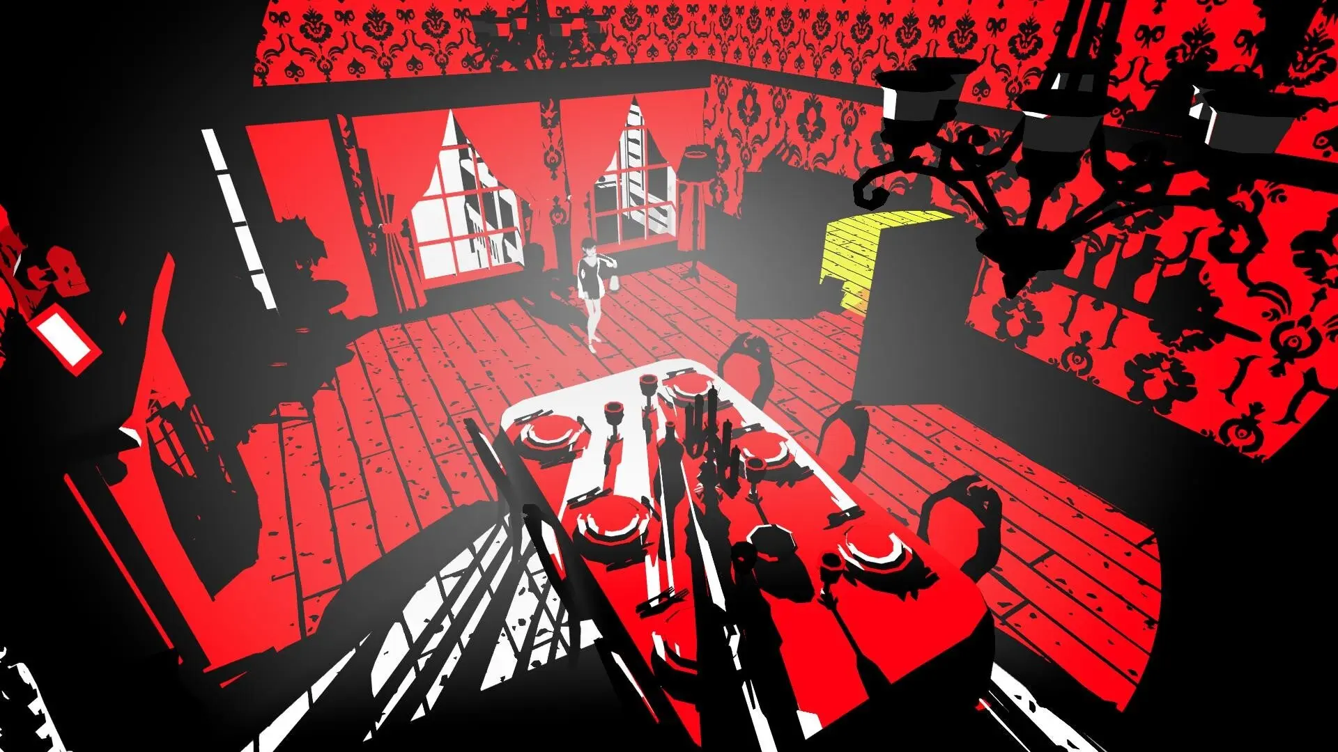 Stylized red and black gameplay screenshot of NECHROMIA featuring a character in a gothic dining room