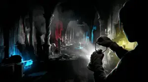 High-contrast gothic memory castle illuminated by a lamp in NECHROMIA survival horror