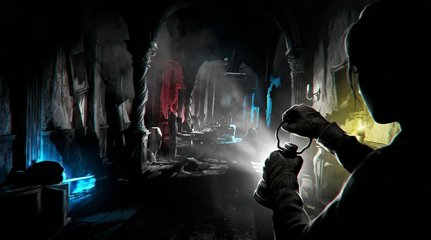 High-contrast gothic memory castle illuminated by a lamp in NECHROMIA survival horror