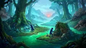 Two adventurers explore and build together in Never Wither’s lush fantasy forest world
