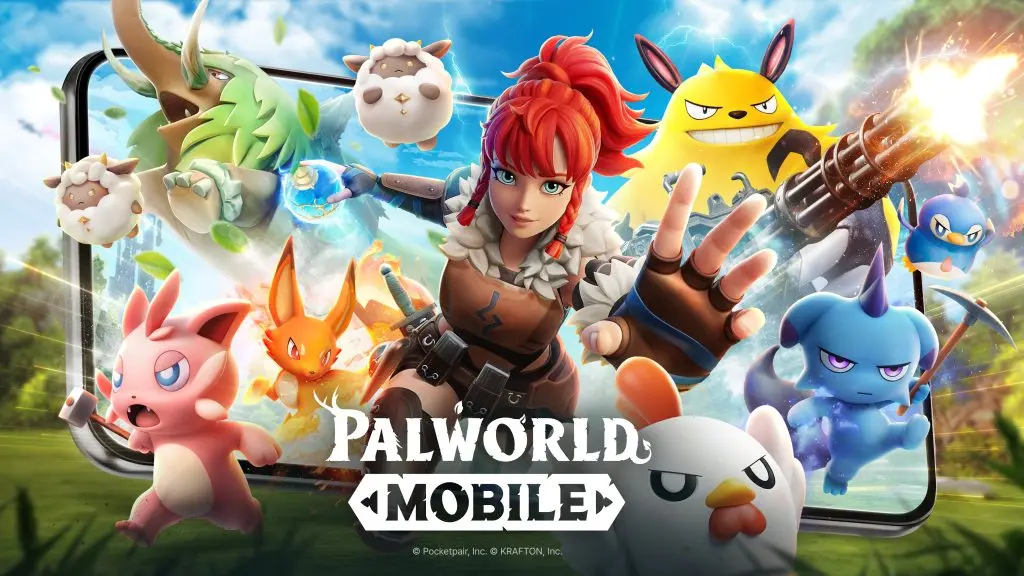 Promotional artwork for Palworld Mobile featuring a red-haired character and various Pal creatures.