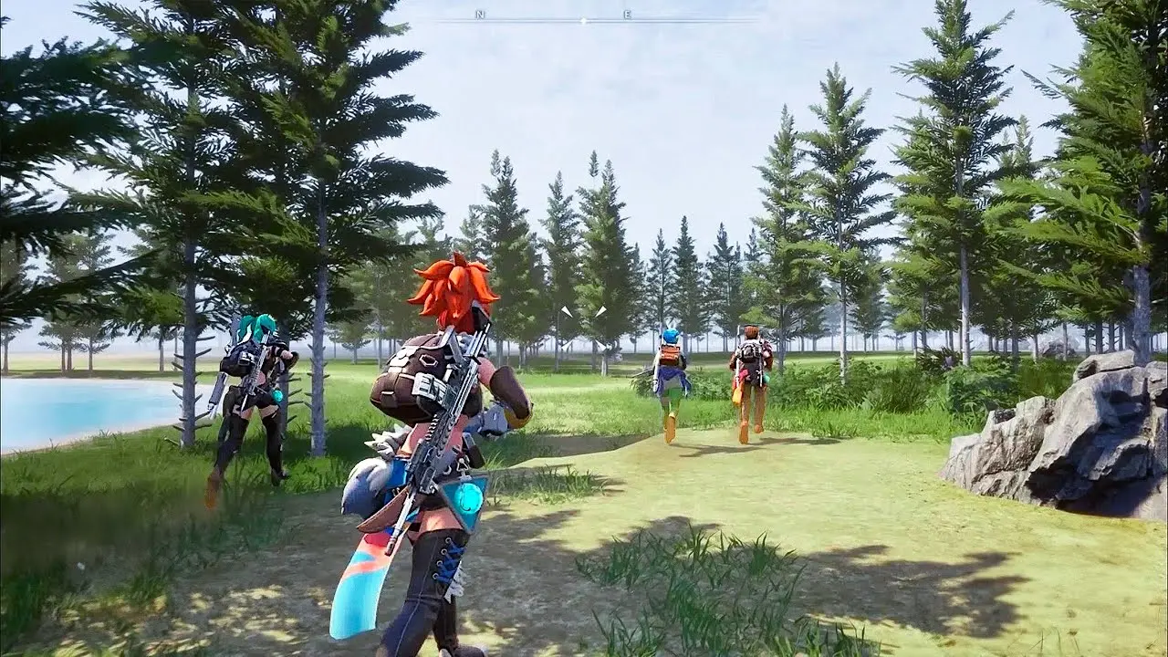 Three players and their Pals running through a forested open field in Palworld