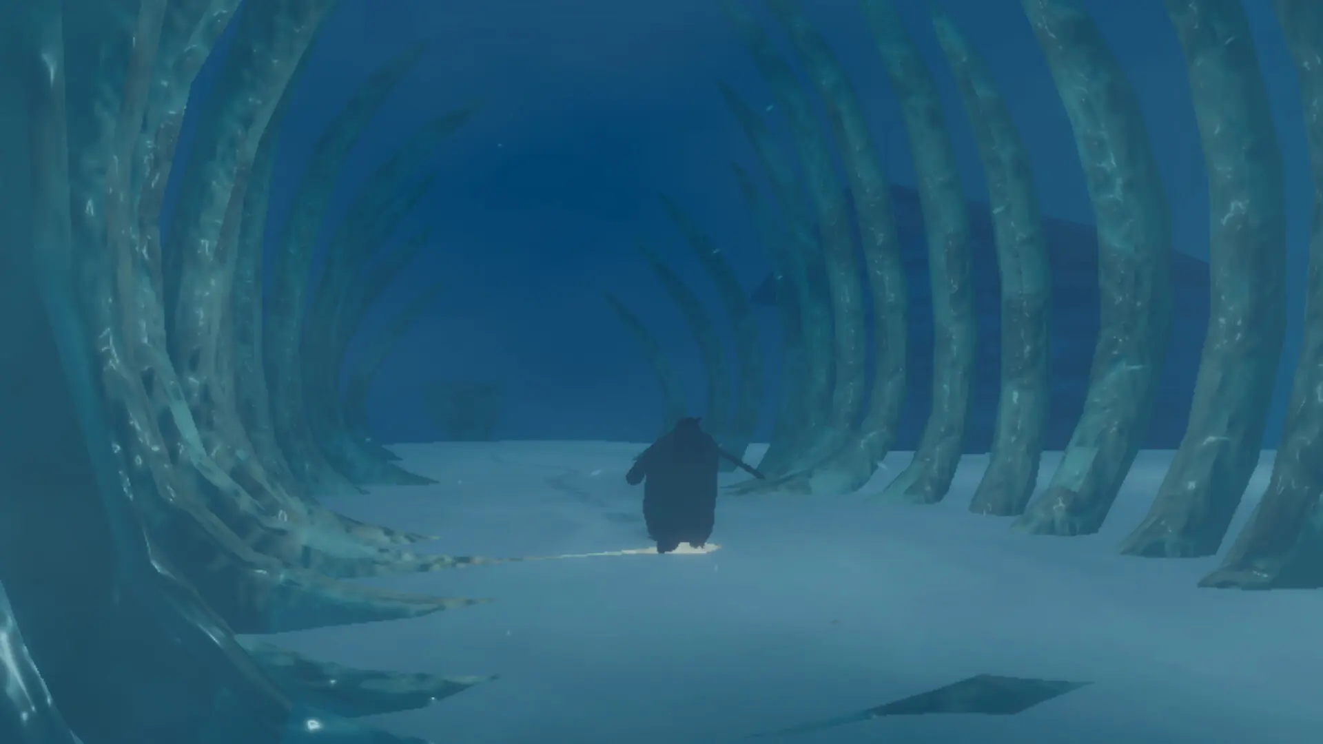 A penguin walking through a cavern formed by giant, curved icy ribs in a blue-tinted environment.
