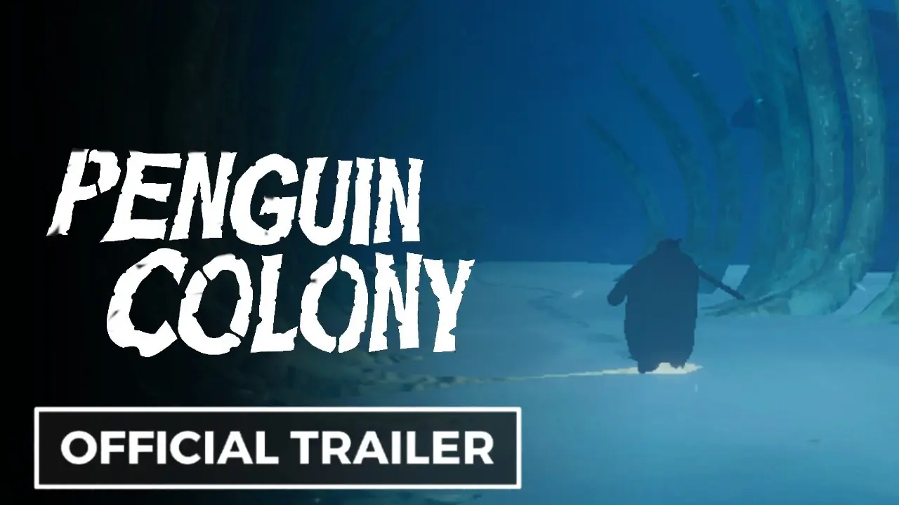Official trailer thumbnail for Penguin Colony featuring a silhouette of a penguin in a snowy, rib-like cavern