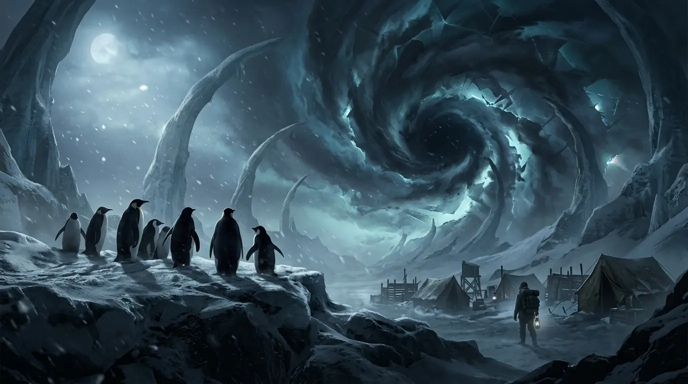 Penguins observe a terrifying Antarctic expedition landscape in Penguin Colony’s cosmic horror setting