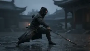 Masked wuxia swordsman in a cinematic rain-soaked scene inspired by Phantom Blade Zero combat
