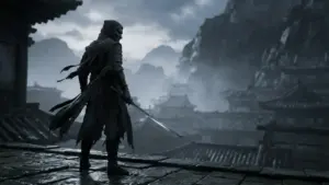 Masked wuxia warrior overlooking a misty mountain fortress in a cinematic Phantom Blade Zero-inspired scene