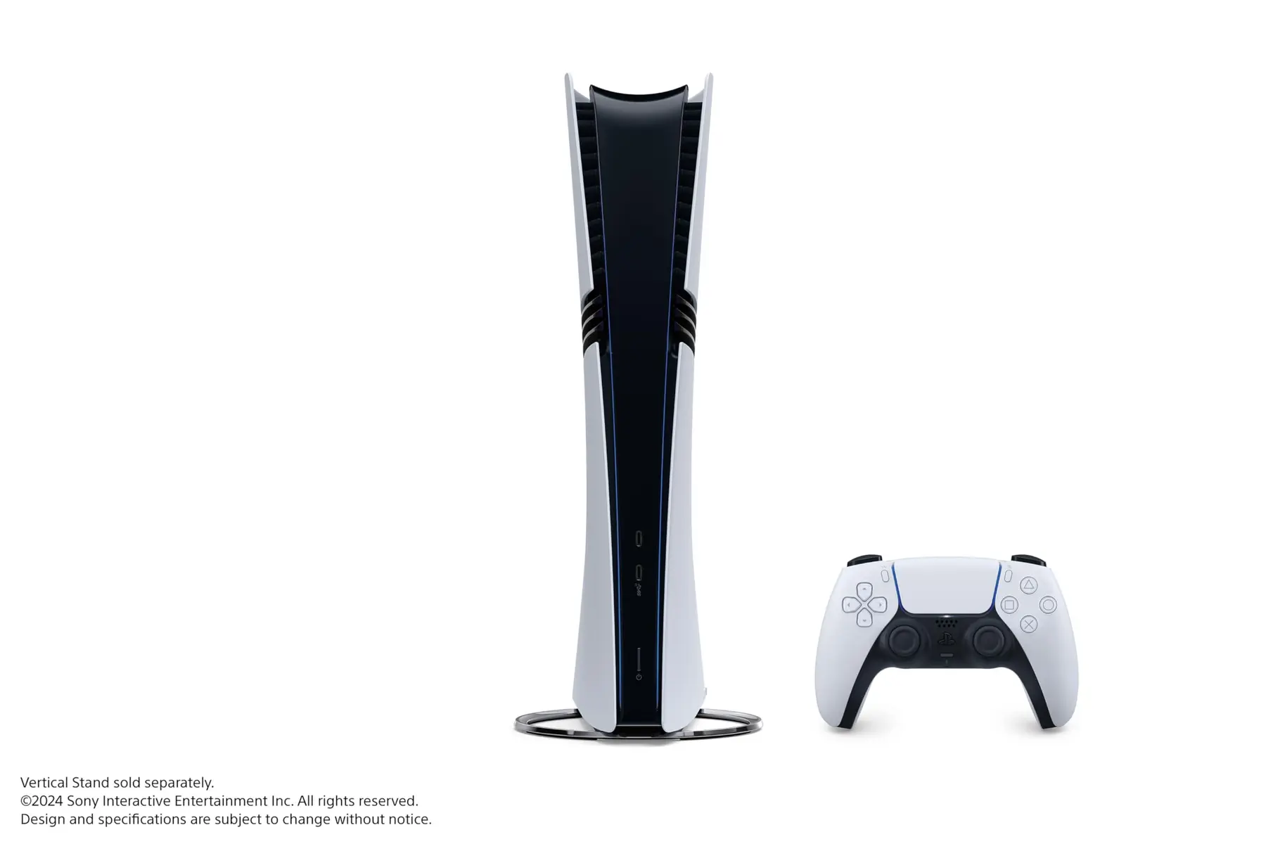 PlayStation 5 Pro console standing vertically with a DualSense Wireless Controller on a white background