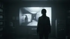 Silhouette viewing a mysterious future vision in a dark archival video room