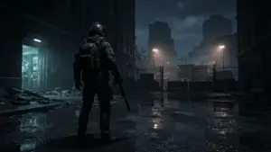 Tactical agent overlooking a rain-soaked city in a troubled online shooter launch