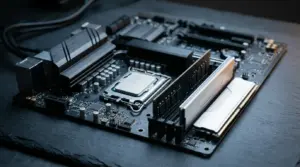 Intel Raptor Lake motherboard with DDR4 and DDR5 memory modules illustrating a flexible low-cost PC platform
