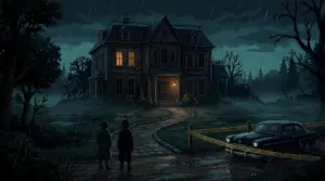 Pixel-art mansion at night with two detectives investigating a mysterious murder