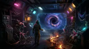 Retrospace survival gameplay scene aboard a dark space station near a black hole