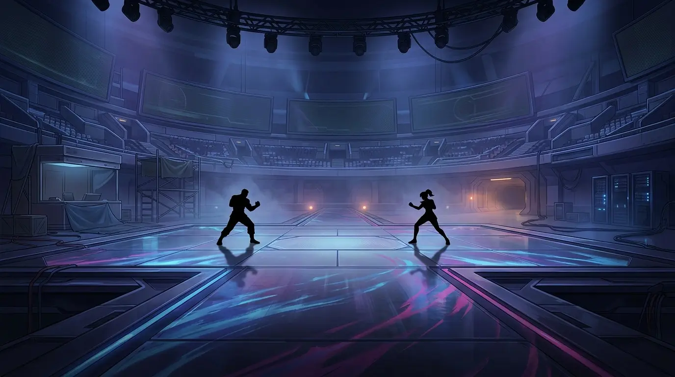 Empty 2XKO-inspired fighting game arena symbolizing continued servers after active development ends