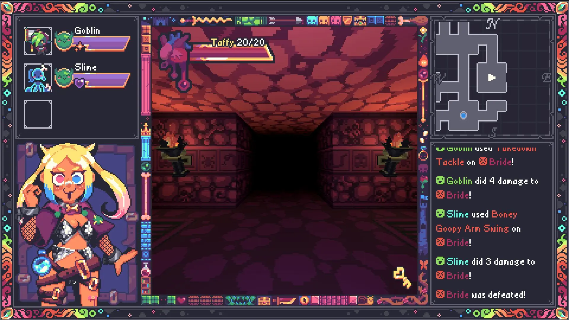 Pixel art gameplay of Rizz Dungeon showing a combat screen with a character, monsters, and a skeleton key icon.