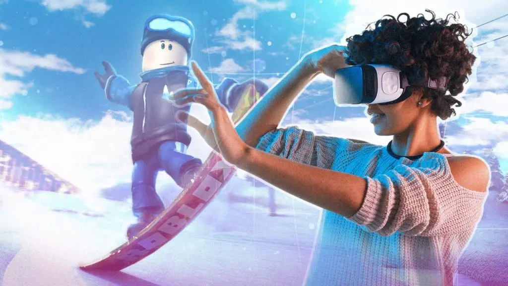 A woman wearing a VR headset interacting with a Roblox character snowboarding in a virtual environment