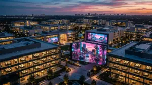 Cinematic view of a large game development campus working on GTA 6 with a neon Vice City-inspired environment