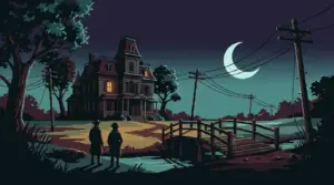 Retro detective scene outside the Edmund mansion in Thimbleweed Park 2