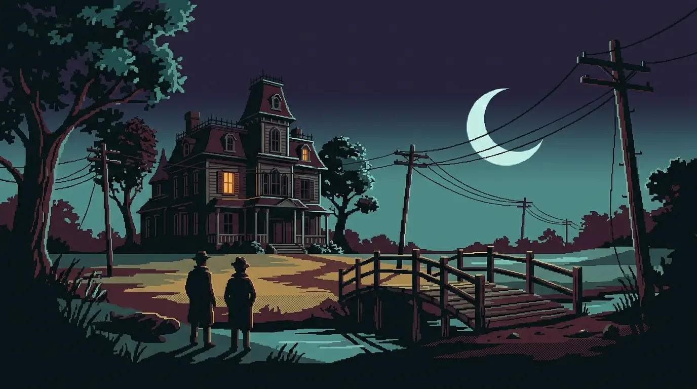 Retro detective scene outside the Edmund mansion in Thimbleweed Park 2