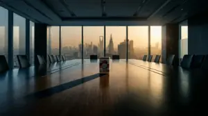 Corporate boardroom with EA game case on conference table and Middle Eastern cityscape in background