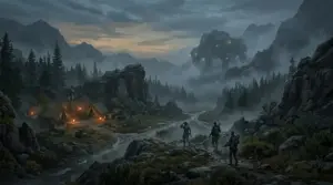 Three hunters approach a massive machine in a misty wilderness, evoking Horizon Hunters Gathering’s uncertain redesign.