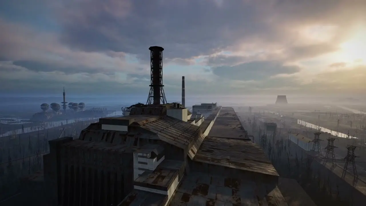 Aerial view of the industrial buildings and cooling towers of the Chornobyl Nuclear Power Plant in STALKER 2