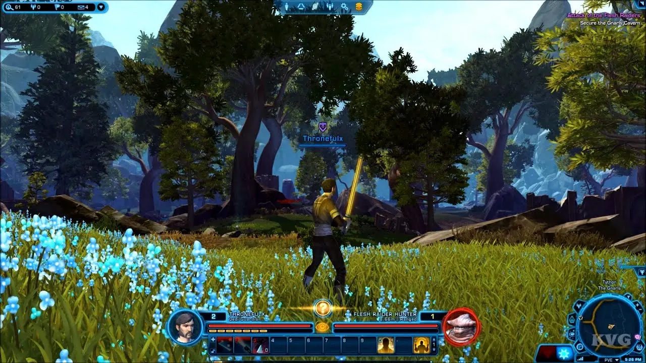 Third-person gameplay screenshot of a Jedi character with a yellow lightsaber in a lush forest environment