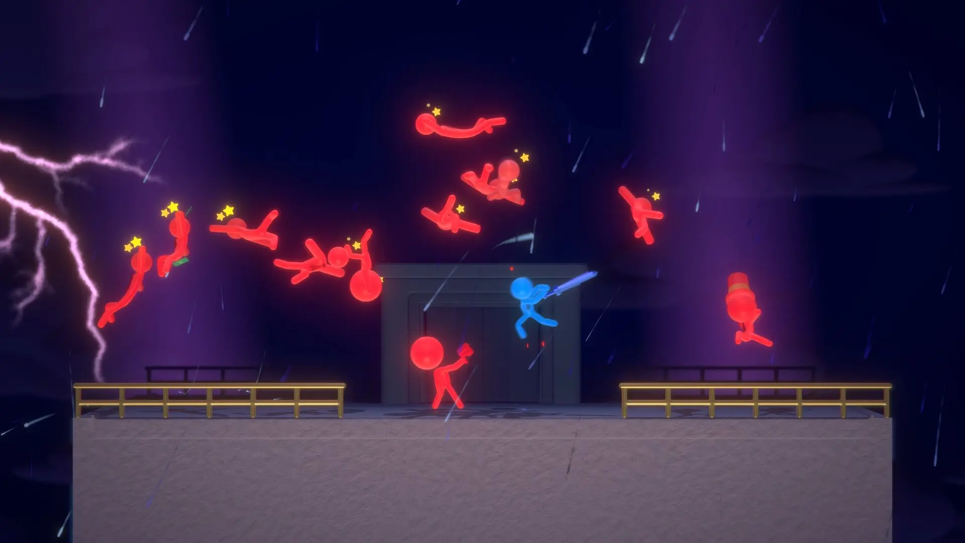 A blue stickman fighting multiple red stickmen on a stone platform during a rainstorm with lightning.