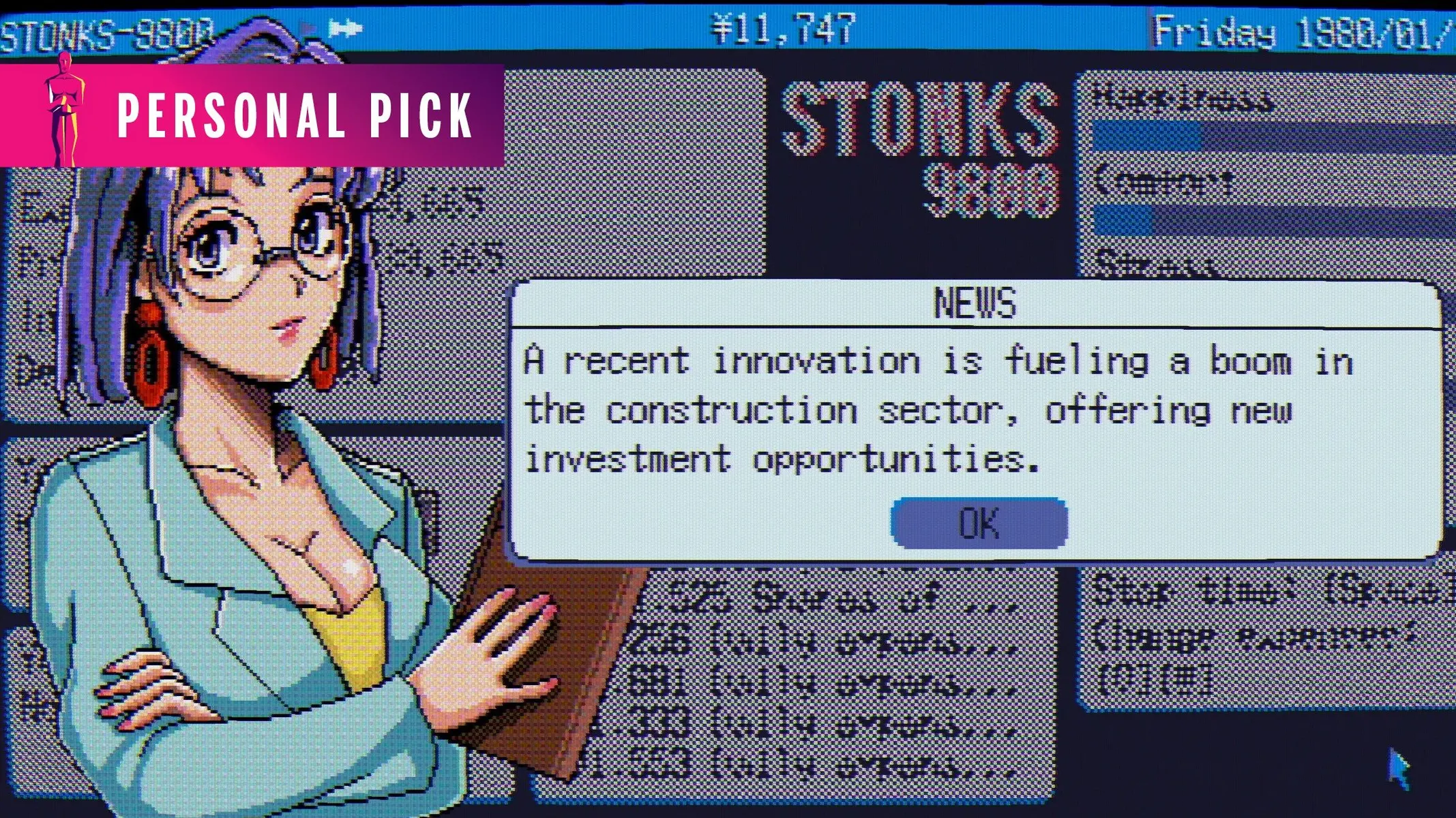 Gameplay screenshot of STONKS-9800 featuring a pixel art woman and a news popup about construction sectors.
