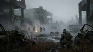 Foggy industrial exclusion zone with NPC silhouettes and a campfire in a Stalker 2-inspired scene