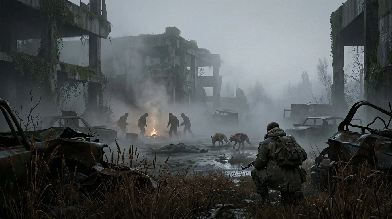 Foggy industrial exclusion zone with NPC silhouettes and a campfire in a Stalker 2-inspired scene