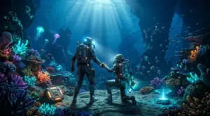Two divers cooperate while exploring a colorful alien underwater reef in Subnautica 2