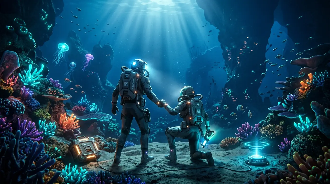 Two divers cooperate while exploring a colorful alien underwater reef in Subnautica 2