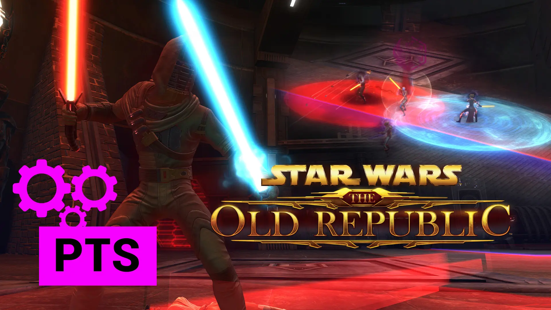 SWTOR gameplay screenshot featuring a character with red and blue lightsabers and the game logo.