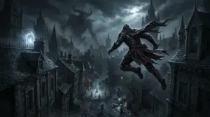 Gothic PvPvE battle scene showing a warrior dashing across rooftops in The Duskbloods