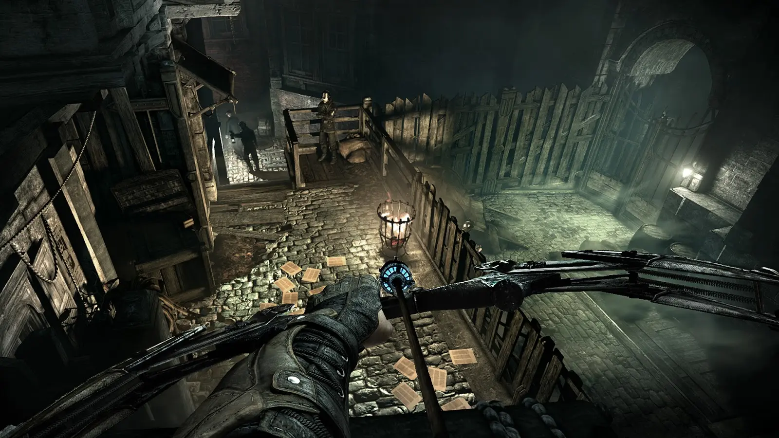 First-person perspective of a character holding a bow in a dark, cobblestone city street from Thief 2014.