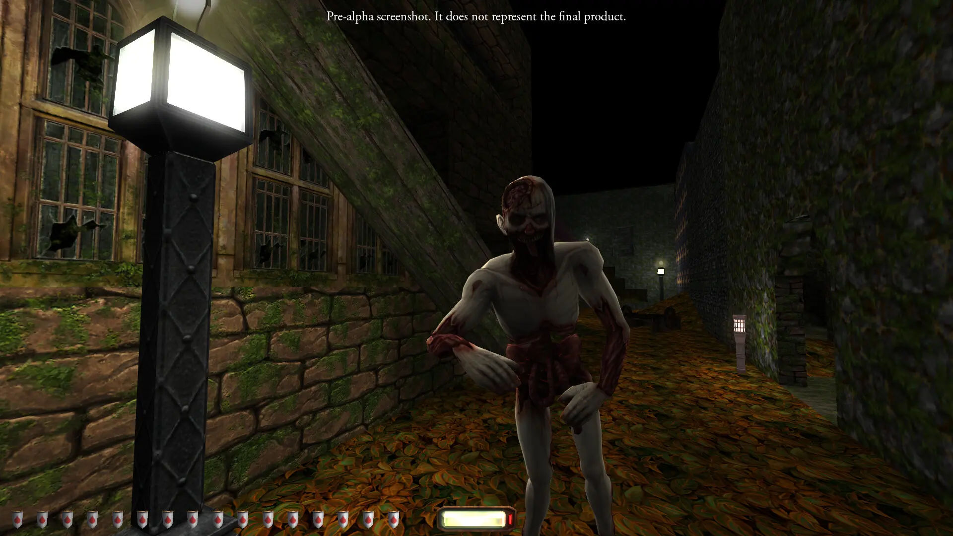 First-person perspective of a pale, blood-stained zombie creature in a dark stone courtyard with autumn leaves.