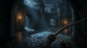 Dark medieval courtyard viewed from a stealthy archer's perspective in Thief: The Dark Project remaster