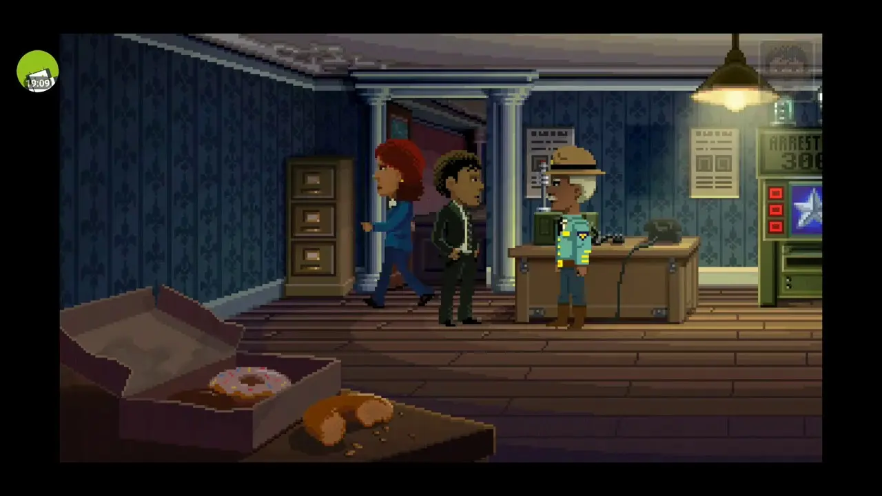 Pixel art gameplay screenshot of Thimbleweed Park showing three characters in a police station office