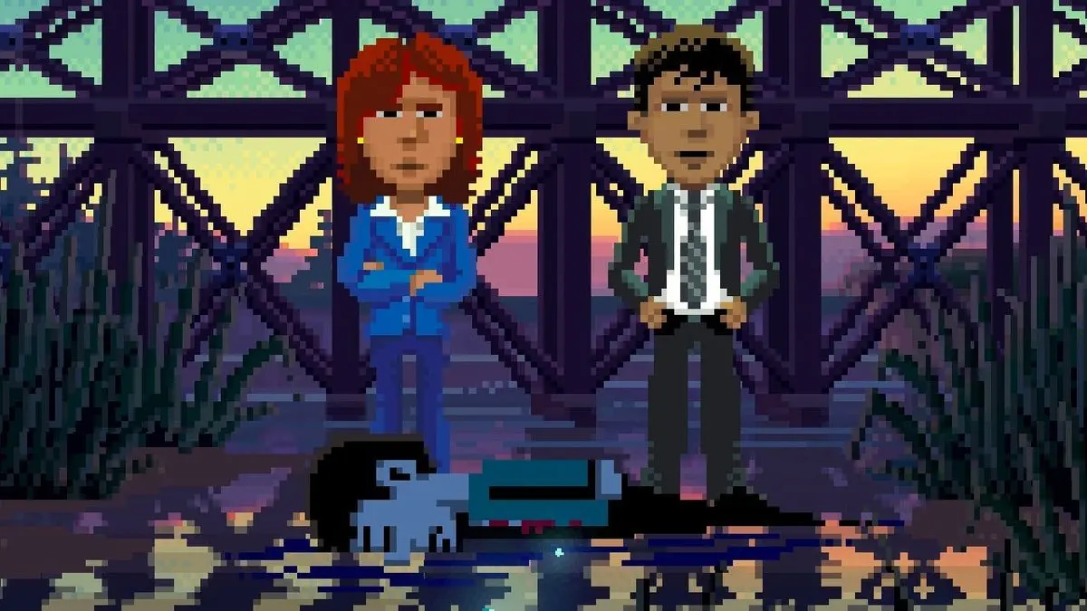 Pixel art of Ray and Reyes standing over a body by a bridge in Thimbleweed Park
