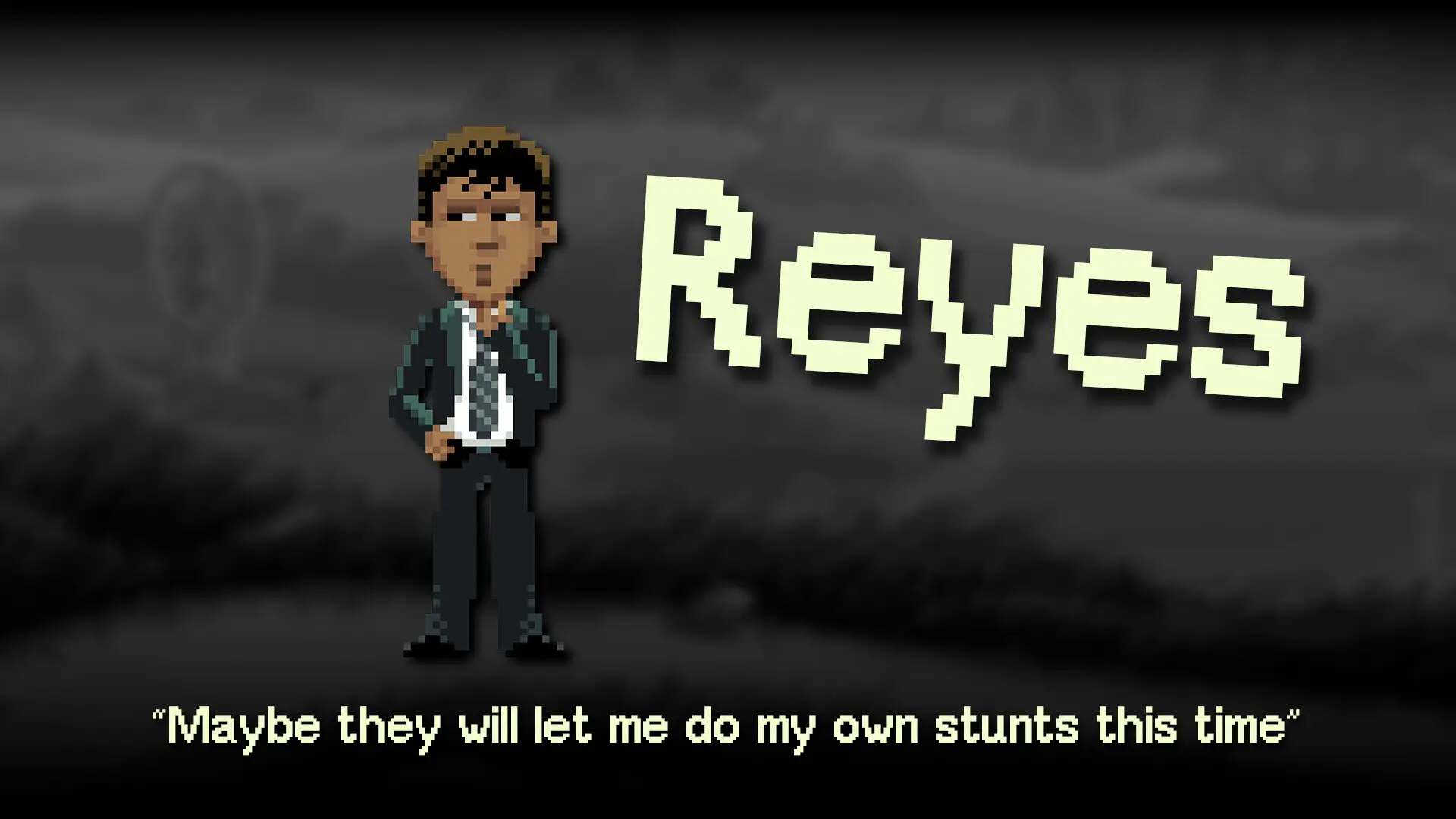 Pixel art character portrait of Ray Reyes from Thimbleweed Park against a blurred grayscale background
